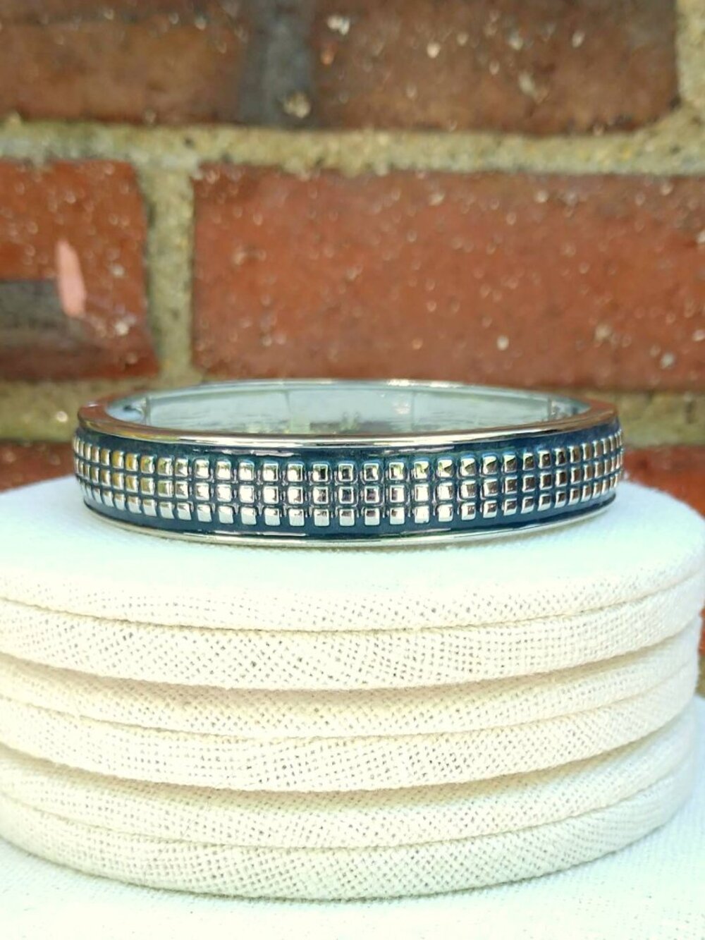Midnight blue enamel and silver stretch bracelet